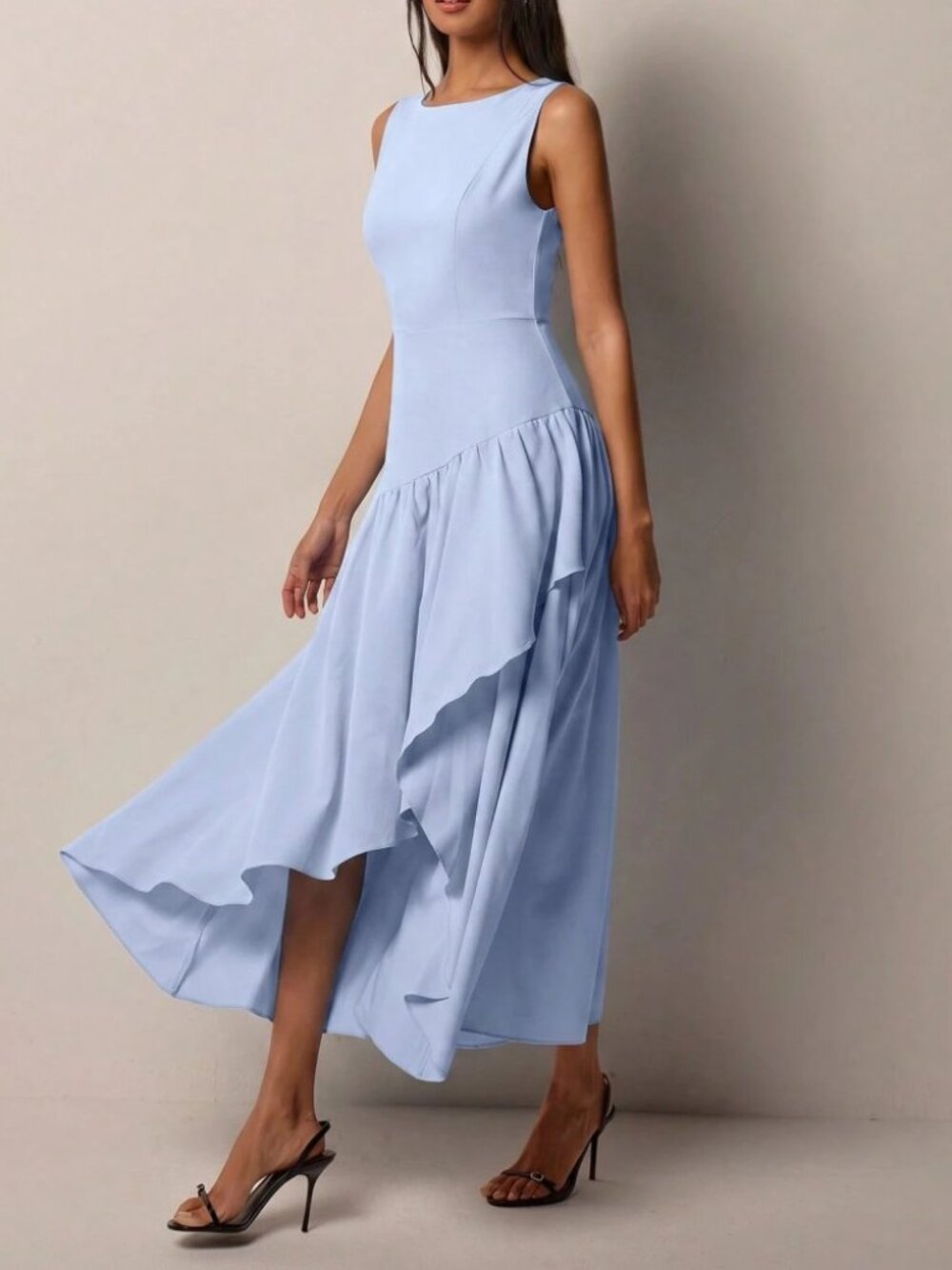 Sky Blue Ruffle Hem Sleeveless Asymmetric Midi Dress